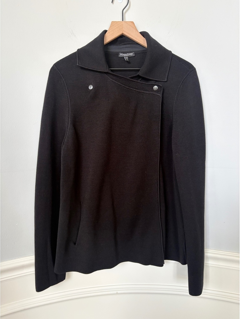 Eileen Fisher Silk Cotton Interlock Knit Moto Snap Cardigan Jacket Black 1X